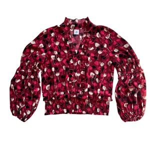 Cabi Corsage Red Floral Ruffle Mock Neck Smocked Waist Blouse Size M